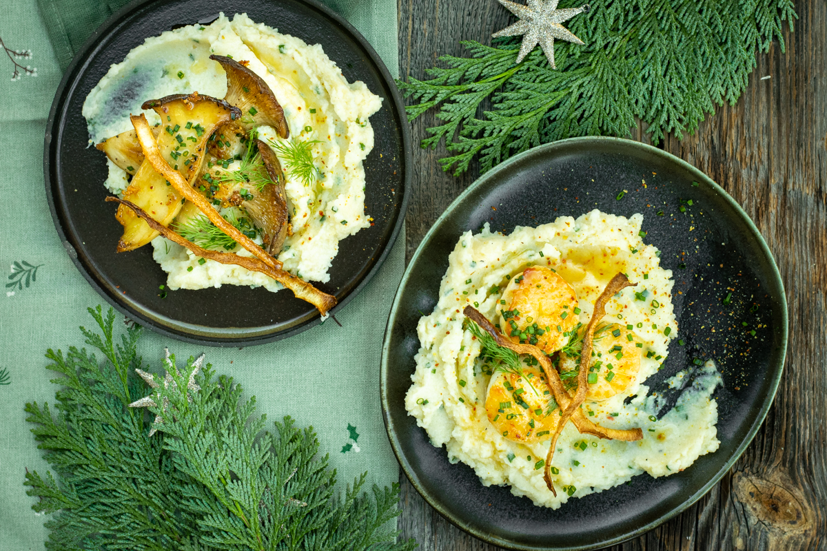 Bovenaanzicht van twee zwarte bordjes op een kersttafel. Het ene bevat pastinaakpuree en gebakken koningsoesterzwam. Het andere pastinaakpuree en gebakken coquilles.